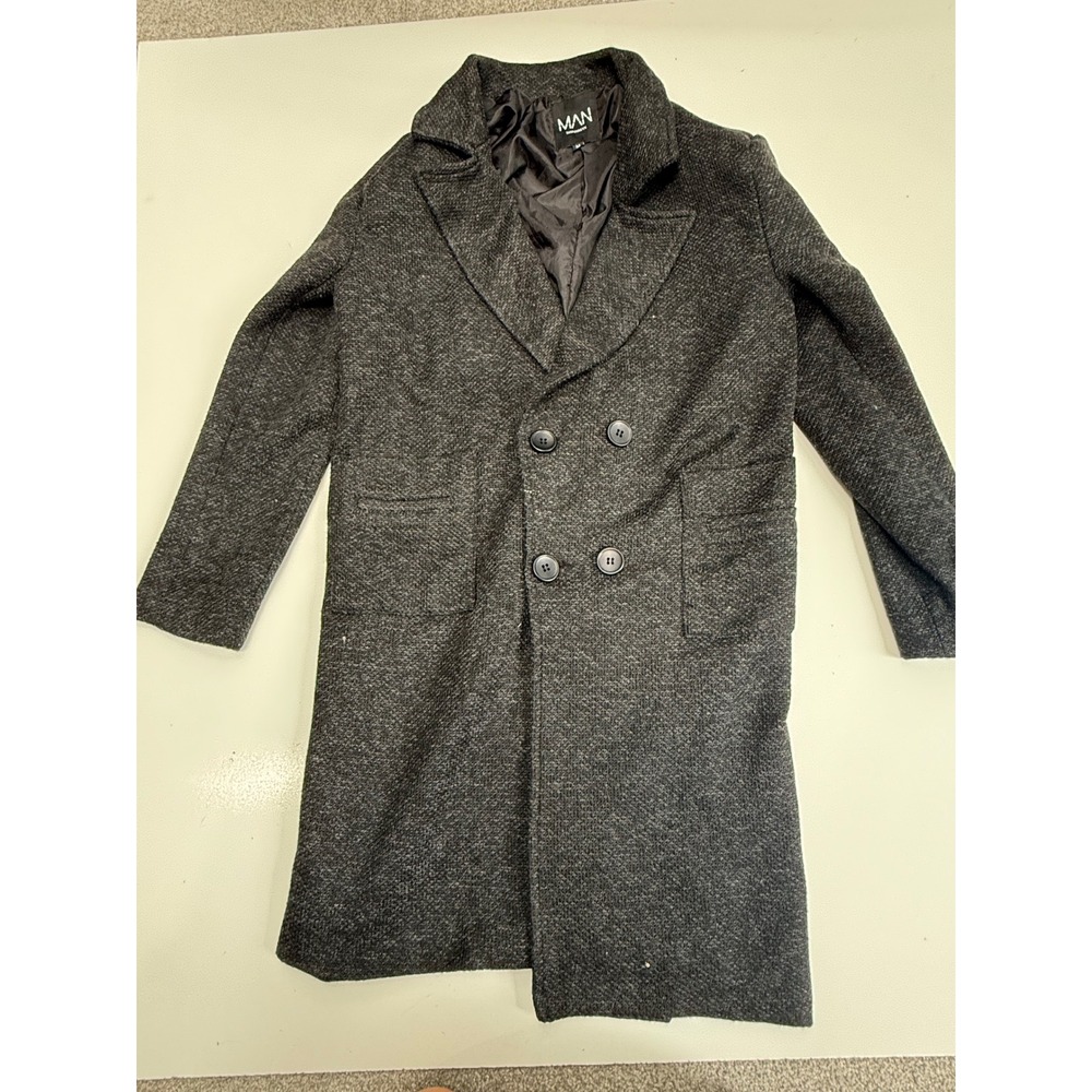 BoohooMAN Mens Charcoal Grey Textured Double Breasted Overcoat Jacket Size M